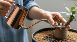 オペルクリカリア・パキプスの株元に、細口のジョウロで慎重に水やりをしている日本人の手元。高価でデリケートな植物を丁寧に管理する、栽培の重要な一場面を切り取っている。