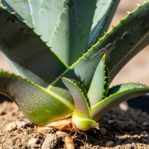 アガベの親株の根元から、小さな子株（カキコ）が顔を出している様子のクローズアップ写真。親株と同じ形をしたミニチュアのような子株が、生命力の強さと、株を増やす楽しみを伝えている。
