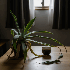 日光不足が原因で「徒長（とちょう）」してしまったアガベの写真。本来は引き締まっているはずの葉が、ひょろひょろと力なく伸び、色も薄くなっている。アガベ栽培で初心者が陥りやすい代表的なトラブルを視覚的に表現している。