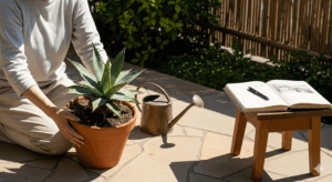 日当たりの良い場所で、鉢を90度回転させる栽培家。乾燥した土の状態からも、美しいペンキを出すための秘訣である「強い光」「辛めの水やり」「定期的な回転」を一枚で表現している。