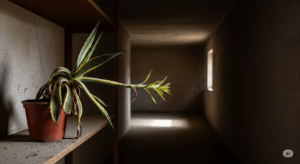 薄暗い部屋の、窓から遠い場所に置かれたアガベ。光を求めてひょろひょろと伸び始めており、徒長の最大の原因である「圧倒的な日光不足」という環境を具体的に示している。