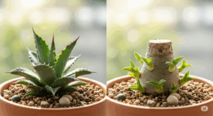 「胴切り」で仕立て直しに成功したアガベの姿。カットした上部は発根して再び美しい株になり、下部からは新たな子株が芽吹いている。徒長からの完全な復活と、株が増える喜びを伝える一枚。