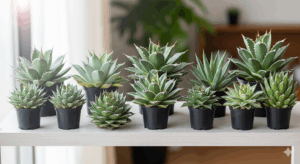 笹の雪の基本種に加え、「姫笹の雪」や白覆輪斑の「氷山」など、様々な品種が美しく並べられたコレクション棚。ペンキを出す技術を極めることで広がる、奥深い収集の楽しさを象徴している。