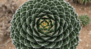 完璧な球状のロゼットを形成し、葉の縁に純白のペンキがくっきりと入ったアガベ・笹の雪の成熟株。この植物が持つ、計算され尽くした幾何学的な美しさを象徴する一枚。