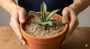 栽培家がアガベ・笹の雪の鉢を持ち上げ、重さを確認している手元。土が完全に乾き切っている状態を確かめる「辛めの水やり」を実践するための、具体的な判断方法を示している。