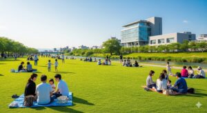 BOTAJAMの会場となる「リバーポートパーク美濃加茂」の風景。広大な芝生が広がり、家族連れでも一日中楽しめる最高のロケーション。