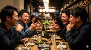 植物イベントの成功を語り合う4人の日本人男性。主催者エルプラさんを中心に、コバヤシさん、夢風さん、そして筆者が熱心に意見交換している様子は、この記事の信頼性を証明している。