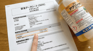 2025年版アグリメックの安全データシート（SDS）の表紙と、その横に置かれたアグリメックのボトル。成分表の「有機溶剤」の項目が指で指し示されている。