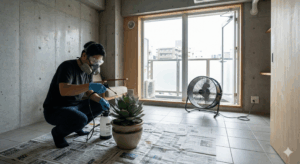 マンションの室内で、日本人男性が防毒マスク、密着型ゴーグル、ニトリル手袋を着用し、窓を全開にしてサーキュレーターを回しながらアガベに薬剤を散布する様子。
