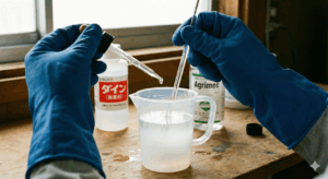 計量カップに入った水に、農薬用スポイトでアグリメックの薬剤を滴下し、マドラーで撹拌して白濁した希釈液を作っている手元のクローズアップ。